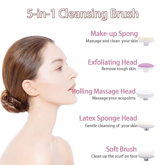 Facial Cleansing Brush 5 in 1 Portable Electric Facial Massager with 5 Spin Brush Heads for Acne, Blackheads, Dead Skin and All Skin Care and Acne Tool