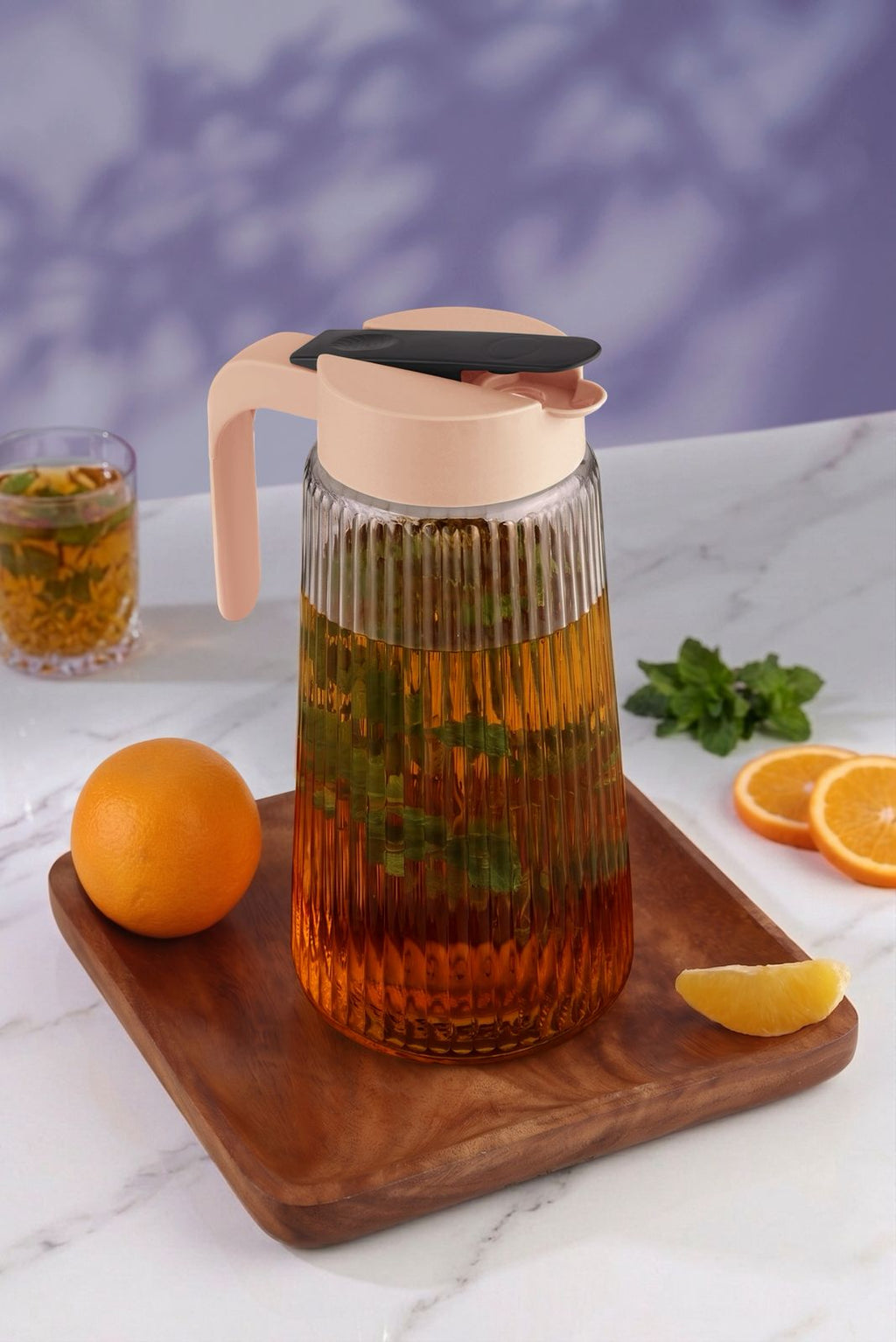 Glass Water Jug with Lid & Handle | Ribbed Borosilicate Glass Pitcher for Water, Juice, Iced Tea, Lemonade & Cold Beverages | Heat Resistant Serving Carafe for Home & Office