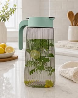Glass Water Jug with Lid & Handle | Ribbed Borosilicate Glass Pitcher for Water, Juice, Iced Tea, Lemonade & Cold Beverages | Heat Resistant Serving Carafe for Home & Office