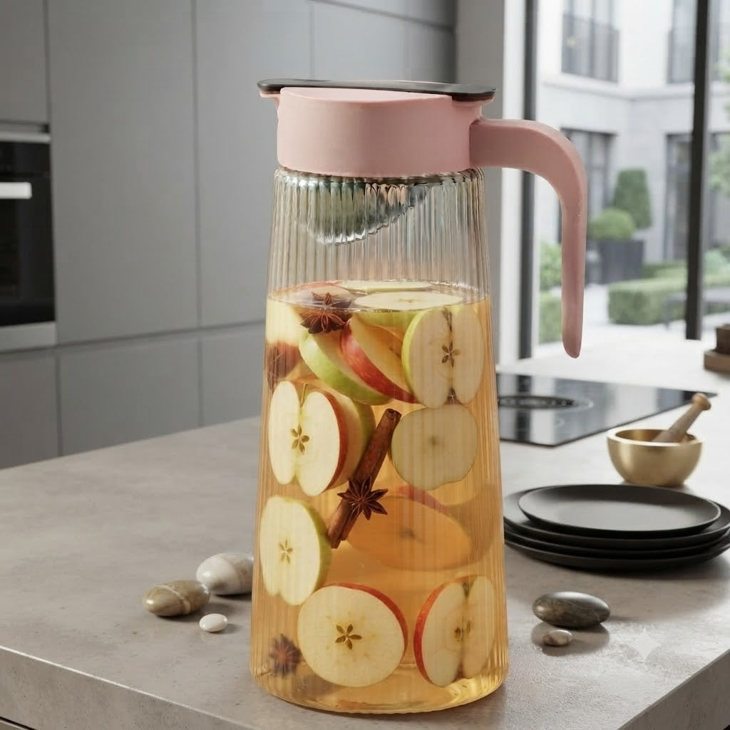 Glass Water Jug with Lid & Handle | Ribbed Borosilicate Glass Pitcher for Water, Juice, Iced Tea, Lemonade & Cold Beverages | Heat Resistant Serving Carafe for Home & Office