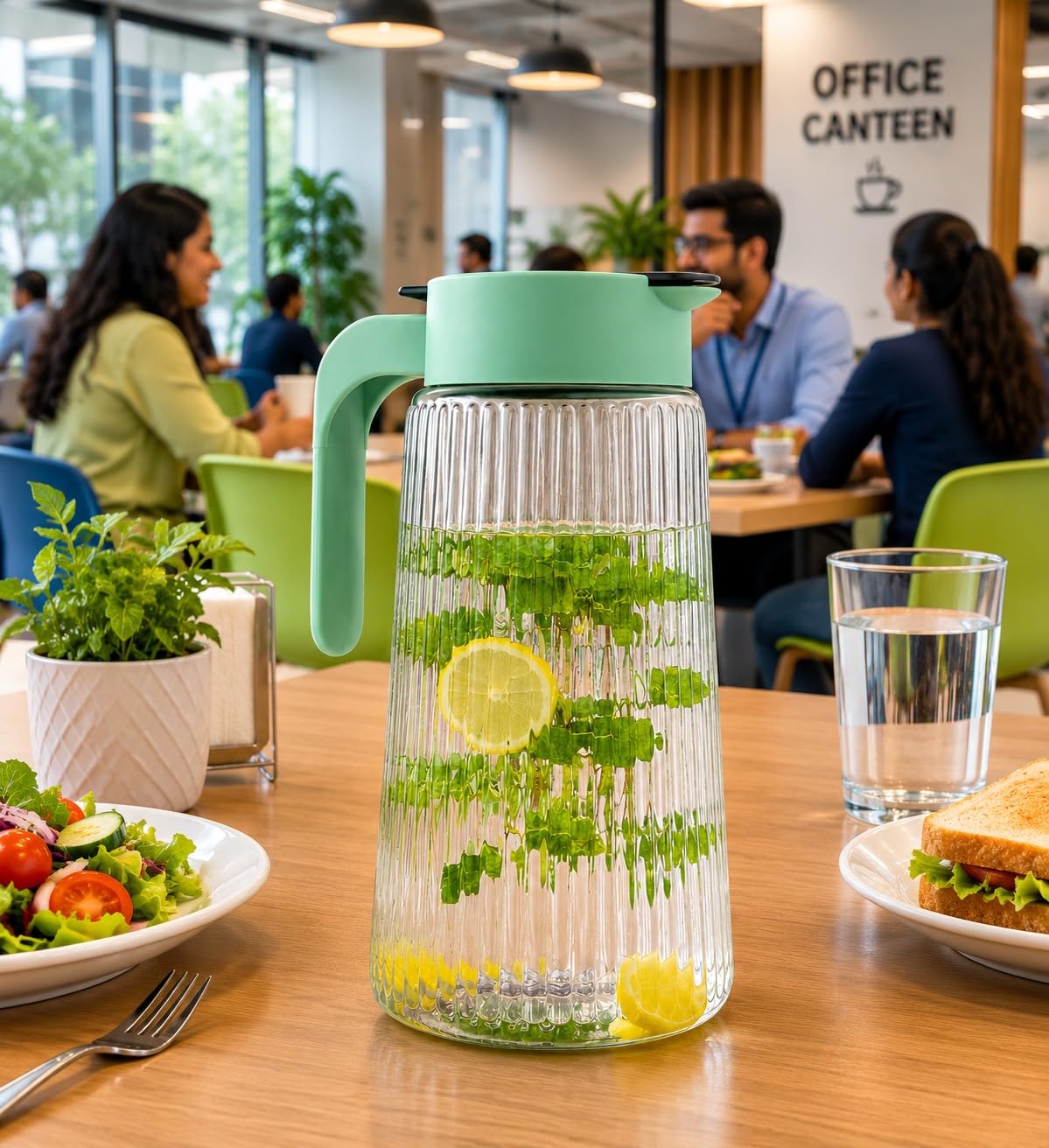 Glass Water Jug with Lid & Handle | Ribbed Borosilicate Glass Pitcher for Water, Juice, Iced Tea, Lemonade & Cold Beverages | Heat Resistant Serving Carafe for Home & Office