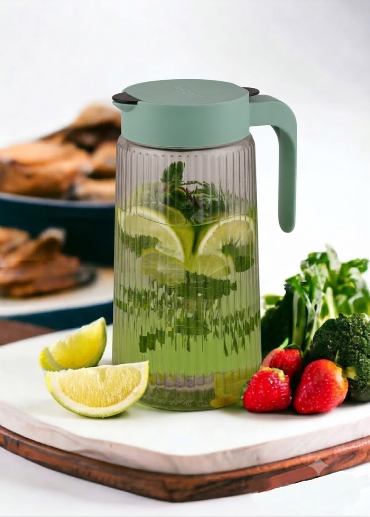 Glass Water Jug with Lid & Handle | Ribbed Borosilicate Glass Pitcher for Water, Juice, Iced Tea, Lemonade & Cold Beverages | Heat Resistant Serving Carafe for Home & Office