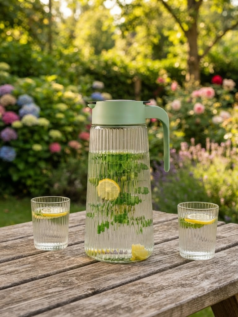 Glass Water Jug with Lid & Handle | Ribbed Borosilicate Glass Pitcher for Water, Juice, Iced Tea, Lemonade & Cold Beverages | Heat Resistant Serving Carafe for Home & Office