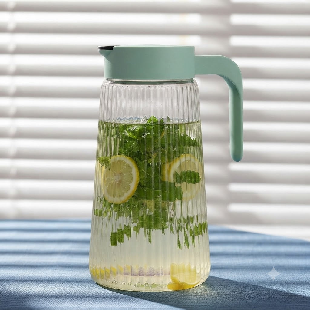 Glass Water Jug with Lid & Handle | Ribbed Borosilicate Glass Pitcher for Water, Juice, Iced Tea, Lemonade & Cold Beverages | Heat Resistant Serving Carafe for Home & Office
